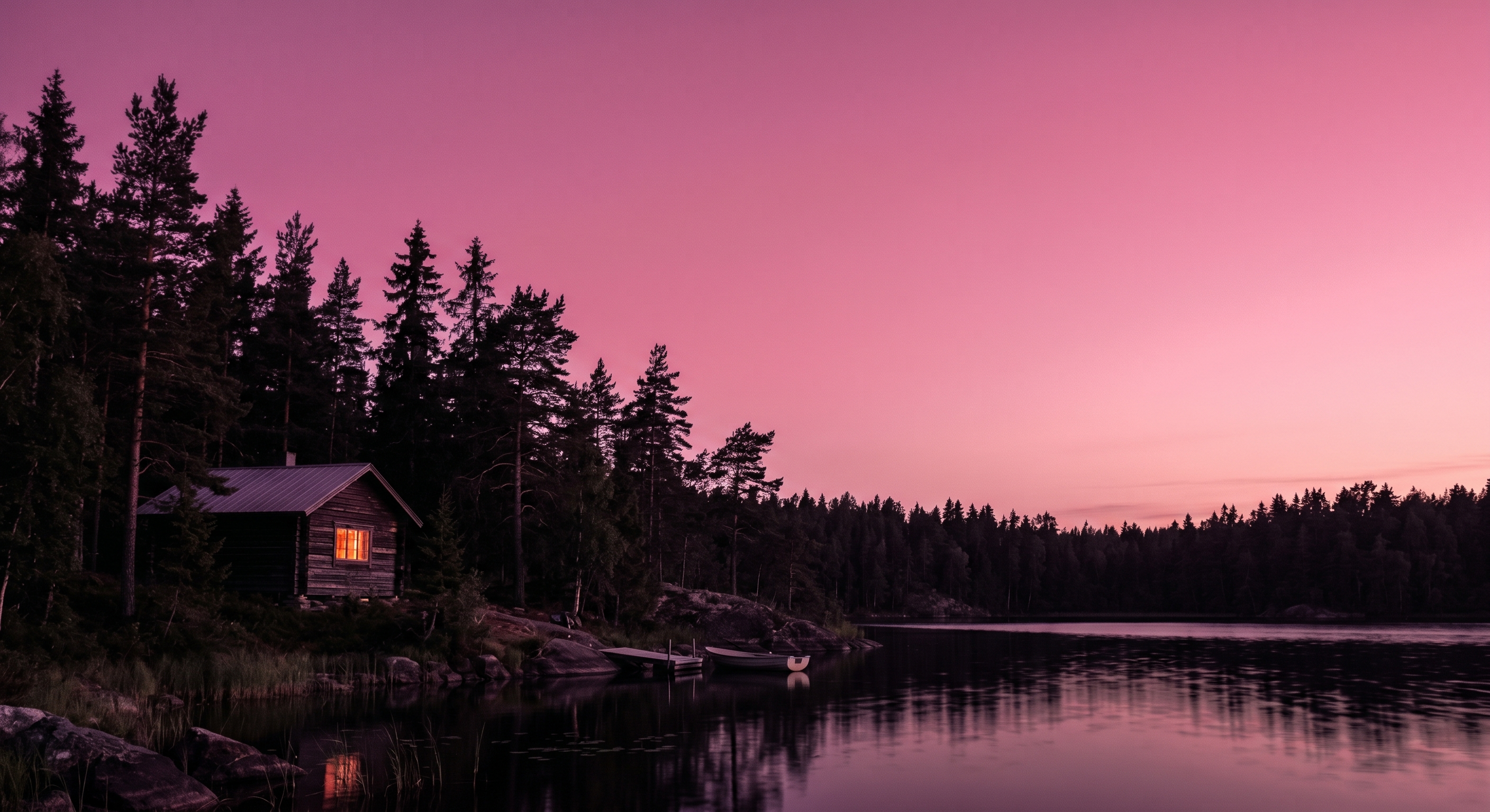 A single snow-covered cabin glowing softly in a silent alpine valley at dusk