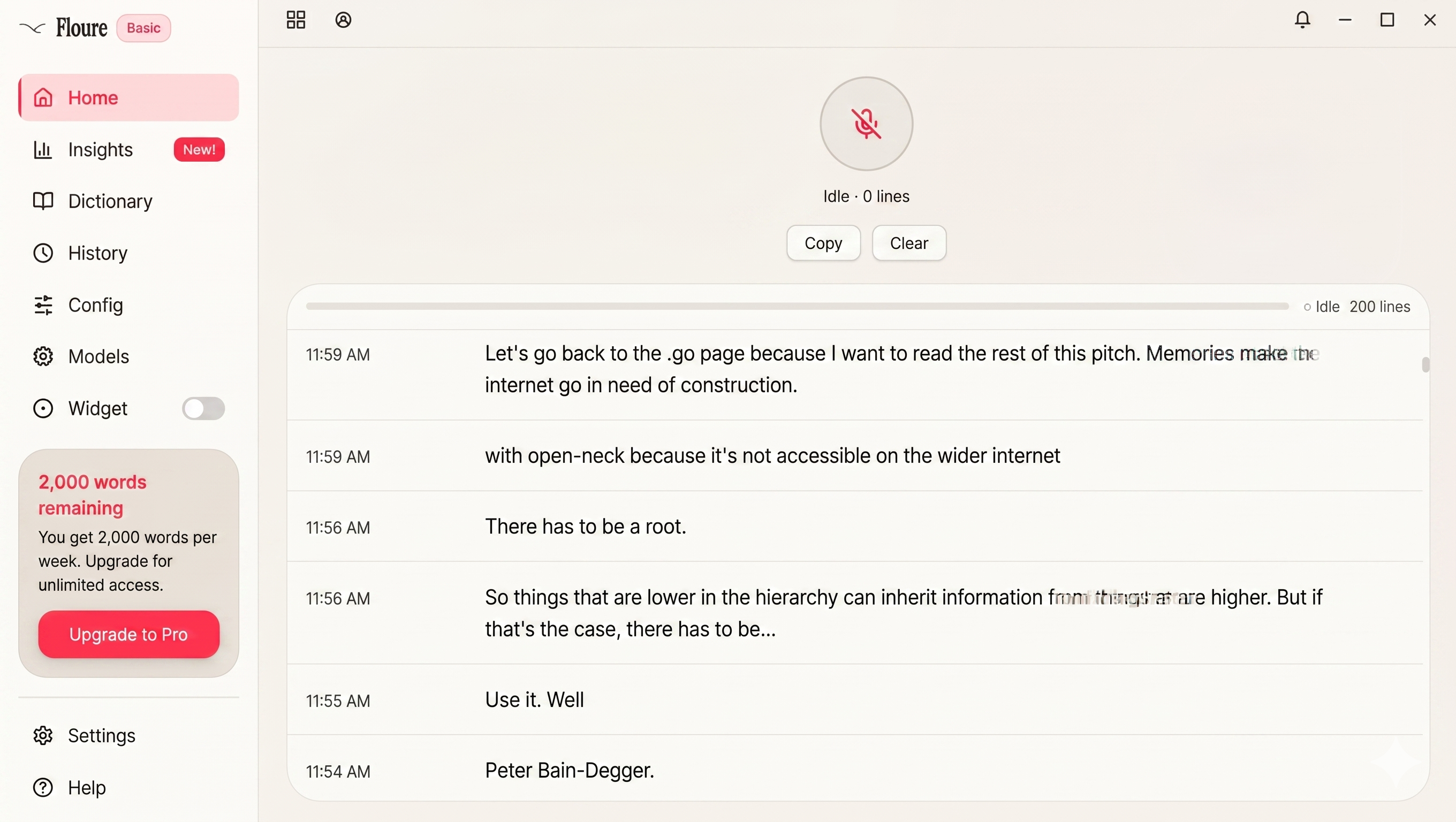 floure desktop application — live transcription view
